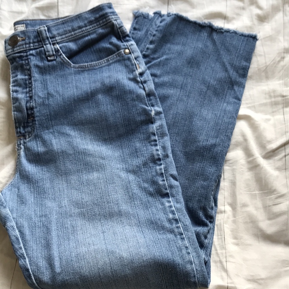 Straight leg, raw cuff jeans